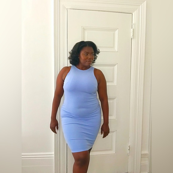 High Neck Baby Blue MIDI Bodycon Dress in size (L) Back Zipper Summer Sexy Color - Picture 4 of 6